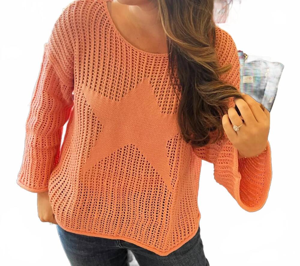 NEW POL women's long sleeve star weave sweater in peach